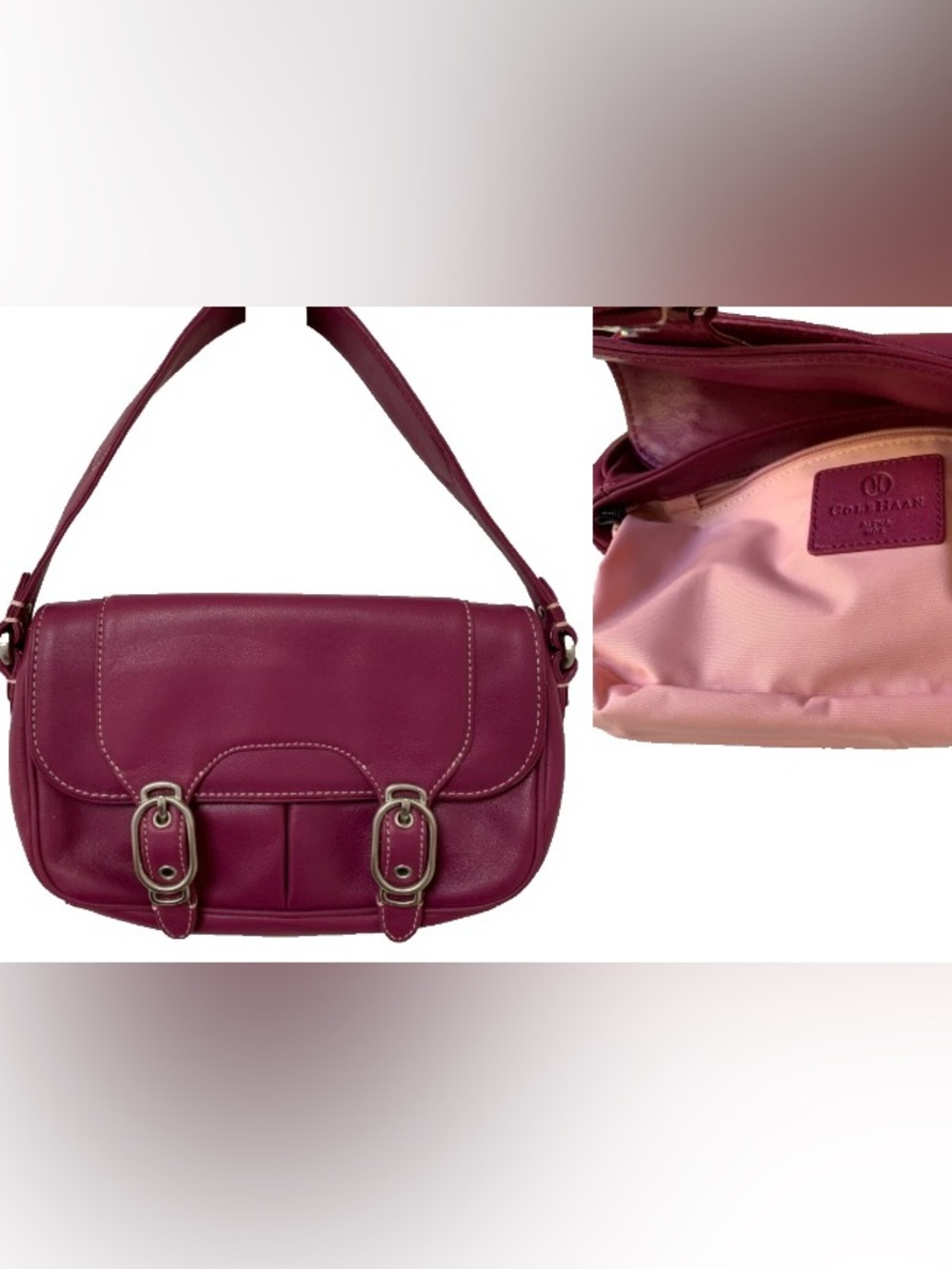 Y2K Cole Haan Magenta/Plum leather and Pink Interior Alexa Baguette Handbag EUC